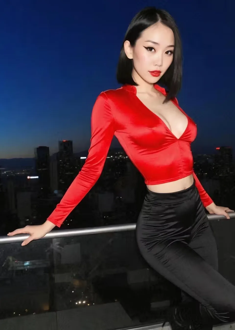 Dark-haired woman in a red blouse and black trousers on a city terrace, an AI-generated illustration