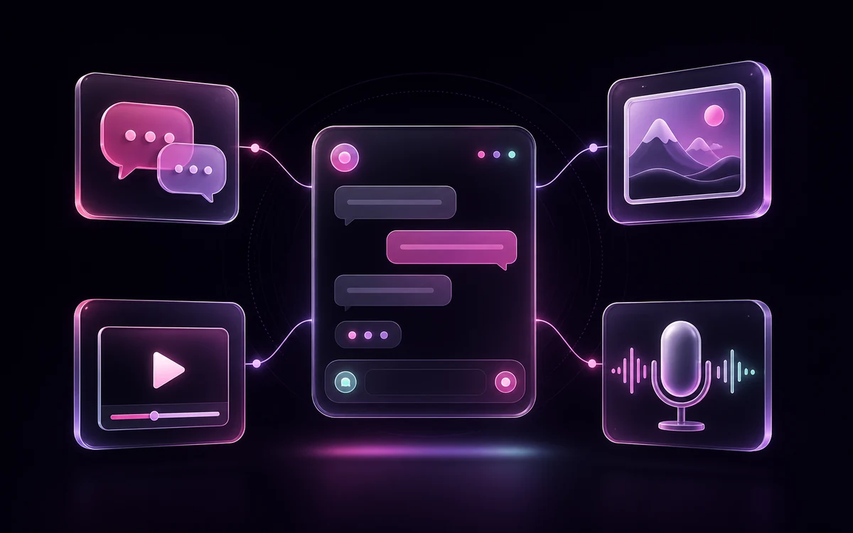 AI companion interface connecting text chat with image, video, and voice tools