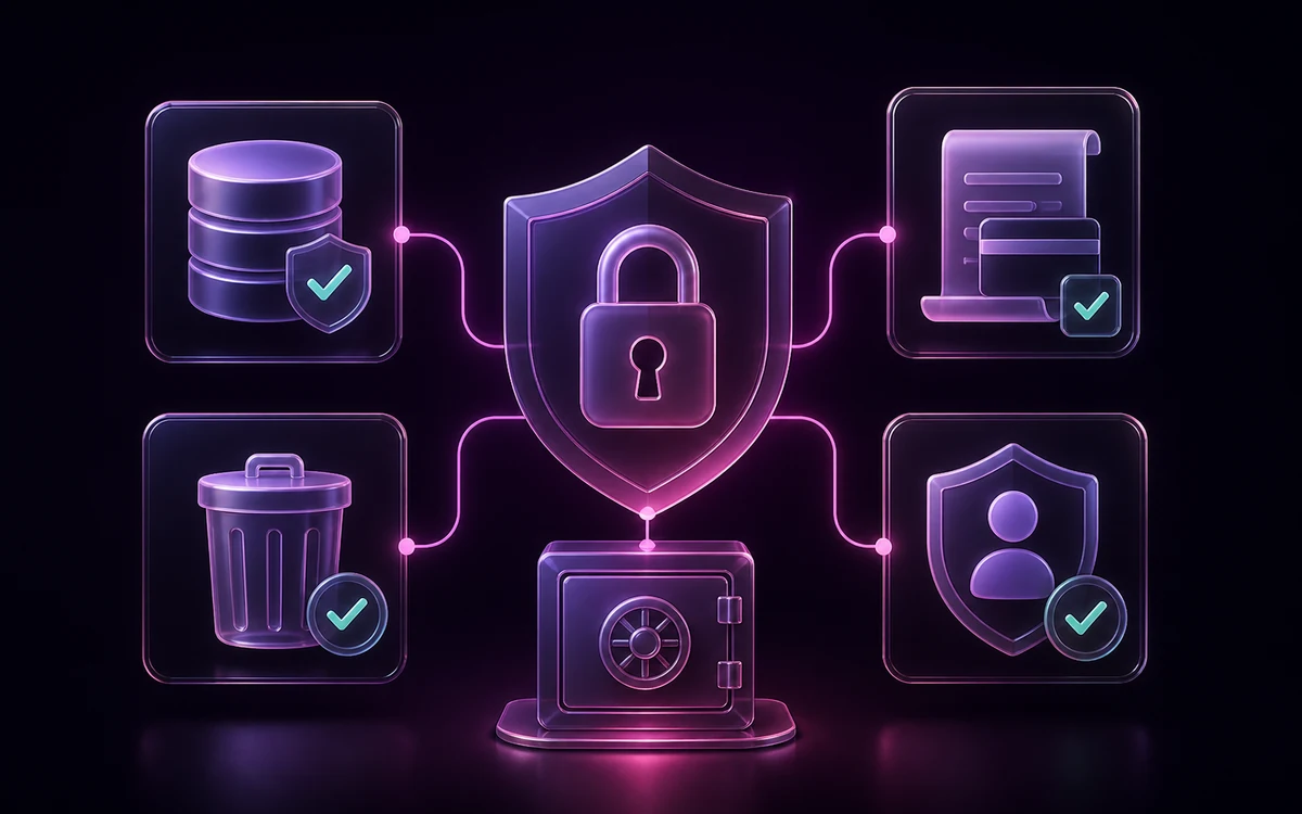 Privacy shield connecting secure data, billing review, account deletion, and identity protection controls